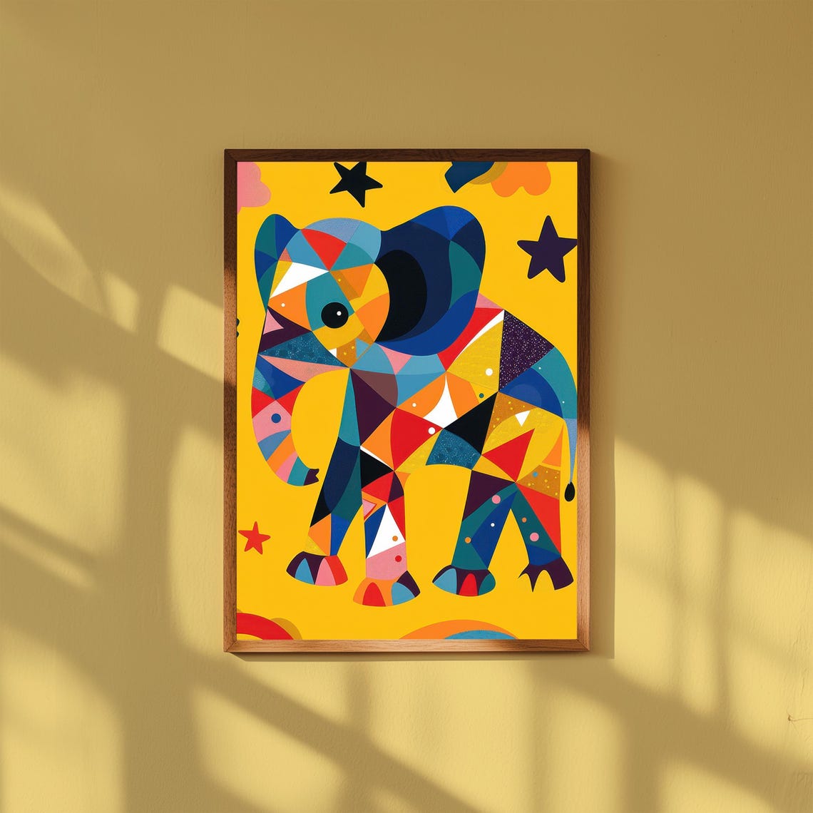 Colorful Geometric Baby Elephant Stars Nursery Safari Poster