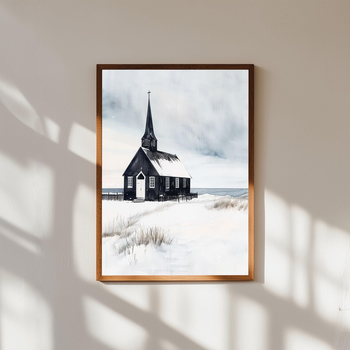 Iceland Black Church in Winter Snow Nordic Watercolor Art Poster