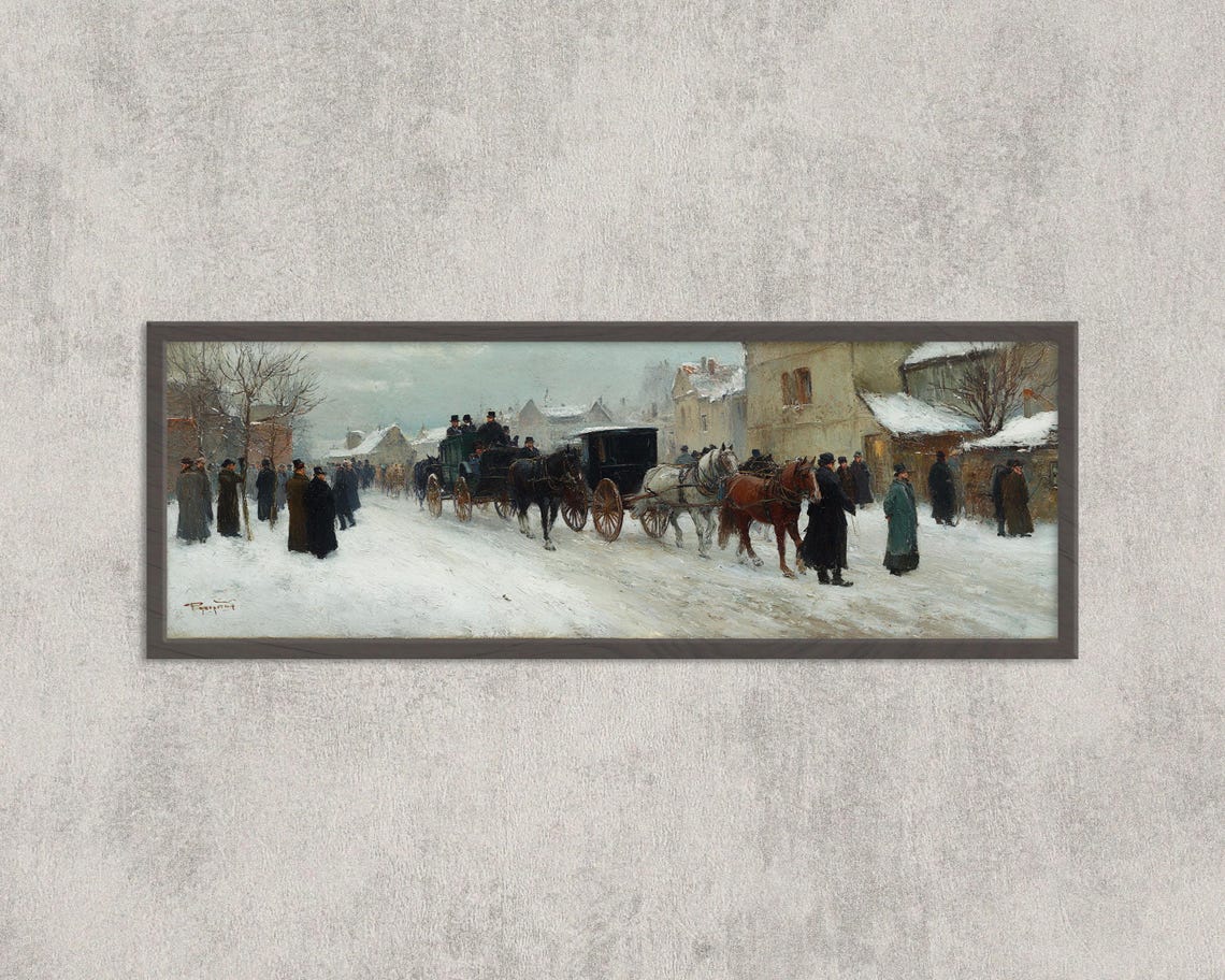 Victorian Winter Town Horse Carriages Snowy Street Vintage Poster