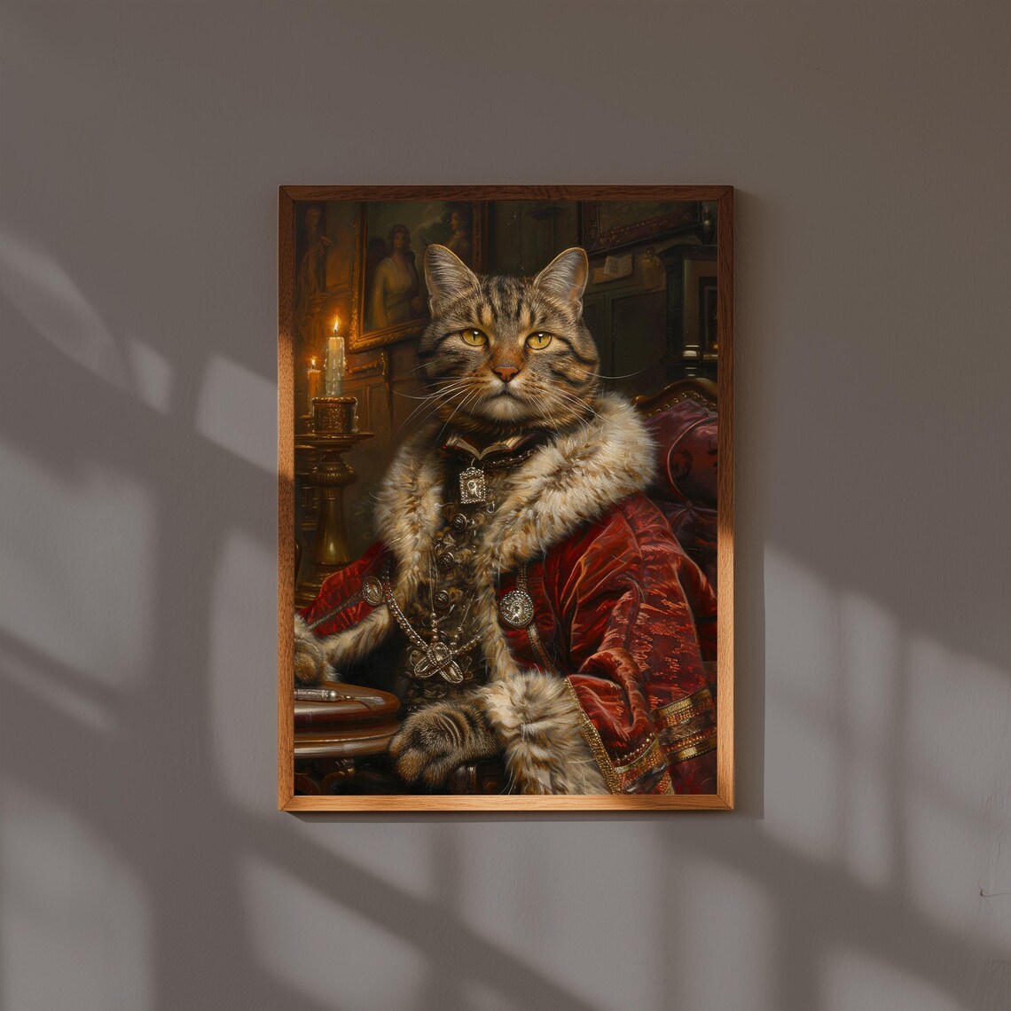 Royal Tabby Cat in Red Velvet Robe Vintage Oil Portrait Poster