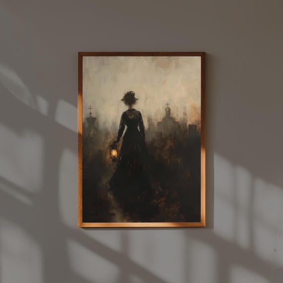 Mysterious Victorian Woman With Lantern Oil Painting Gothic Fine Art Print Dark Academia Wall Decor For Study Or Libraryr