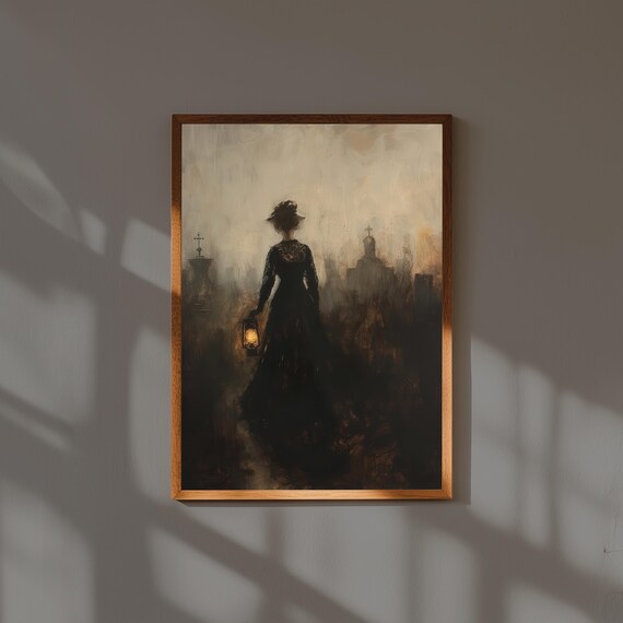 Victorian Woman With Lantern In Misty Dark Gothic Oil Painting Wall Art