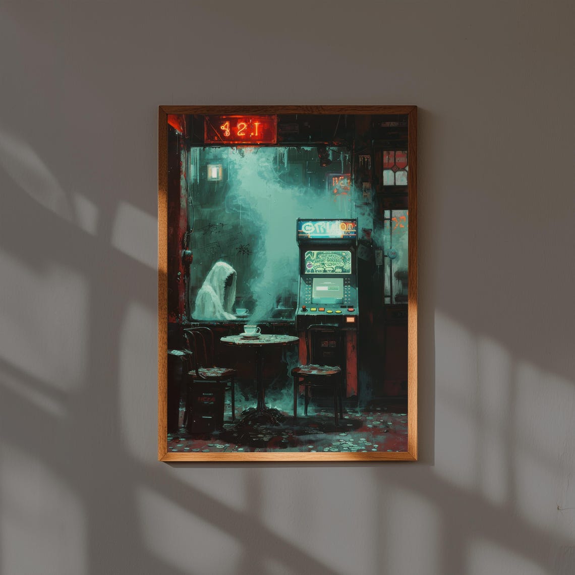 Hooded Ghost Drinking Tea In Abandoned 80s Arcade Weirdcore Poster