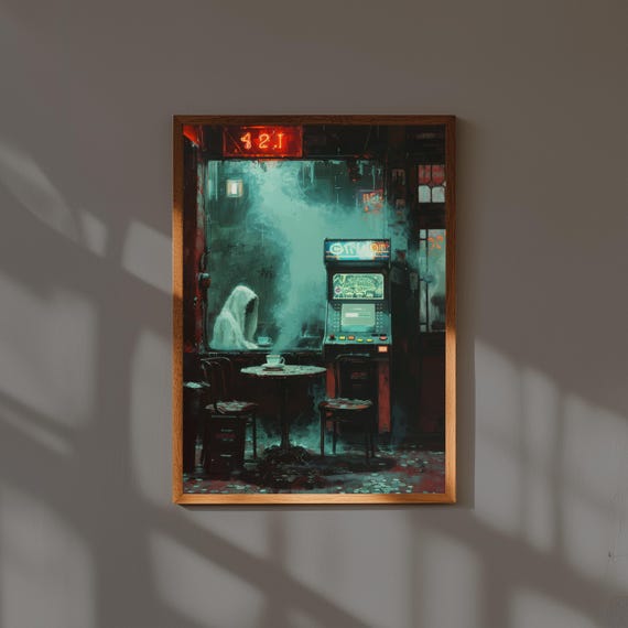 Hooded Ghost Drinking Tea In Abandoned 80s Arcade Weirdcore Poster