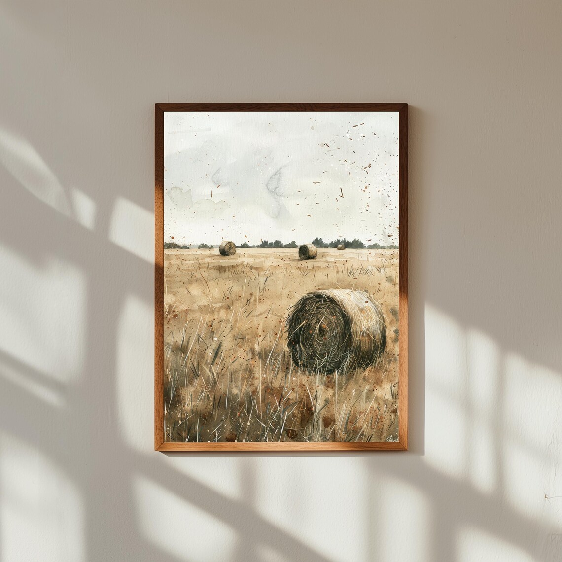 Round Hay Bales in Golden Field Soft Watercolor Country Poster