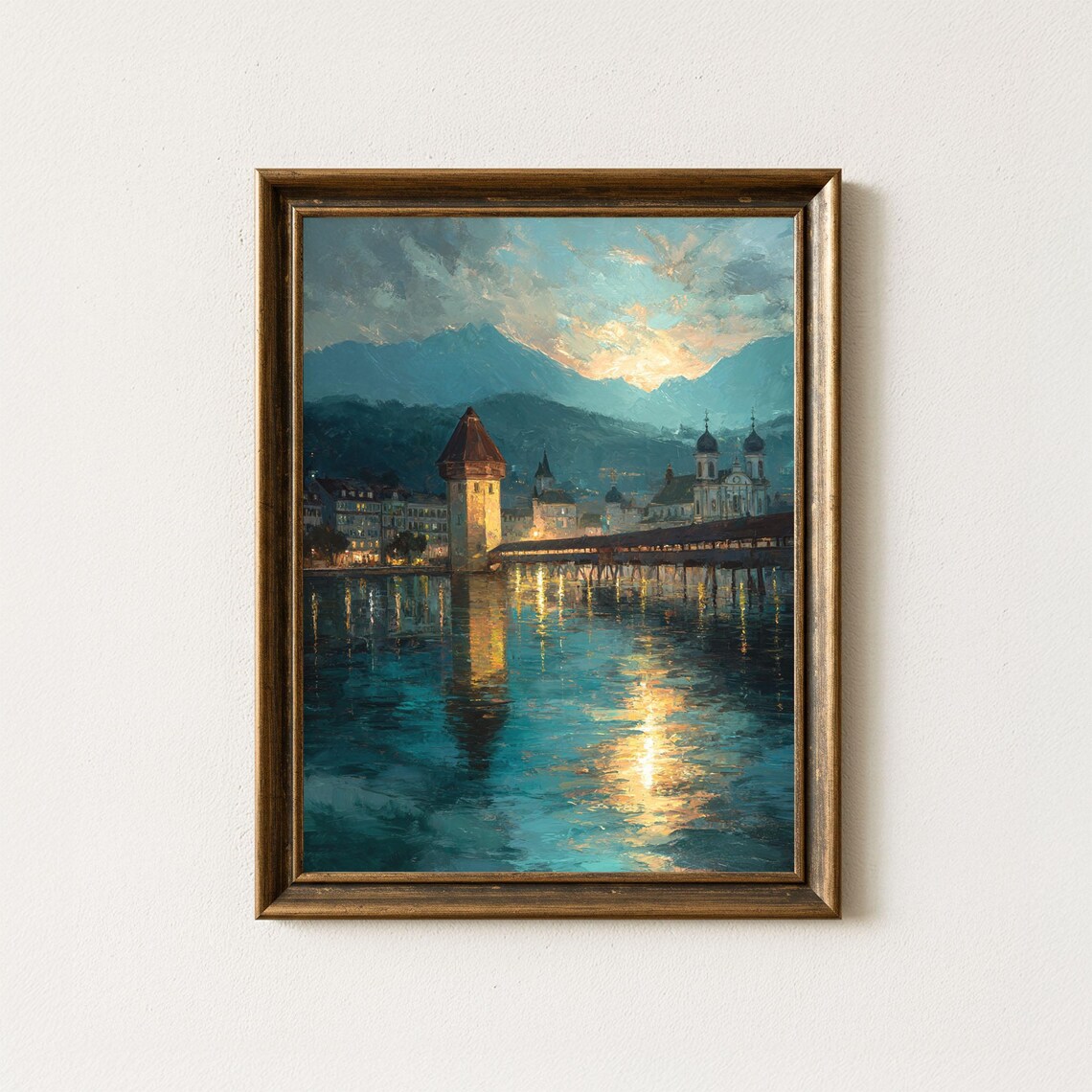 Lucerne Chapel Bridge Switzerland Dusk Painting Travel Art Poster