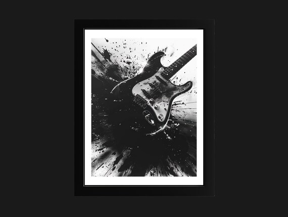 Electric Guitar Ink Silhouette Black and White Rock Music Poster