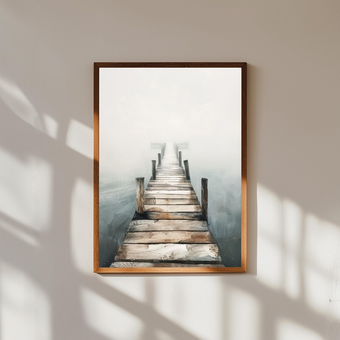 Minimalist Coastal Pier Art Print Wooden Dock Fog Neutral Seascape Decor