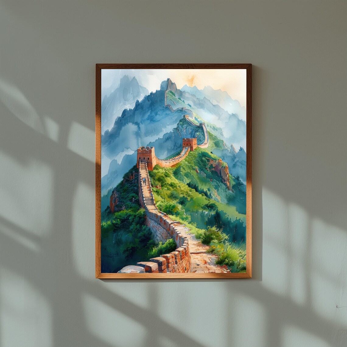 Great Wall of China Misty Mountain Watercolor Landscape Poster