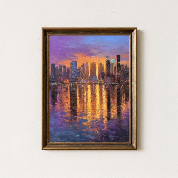Manhattan Sunset Oil Painting Framed Nyc Skyline Reflection Print