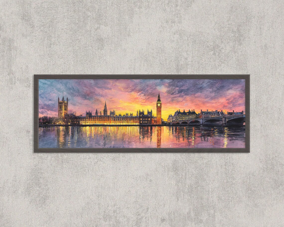 London Big Ben Sunset Panoramic Westminster Watercolor Poster