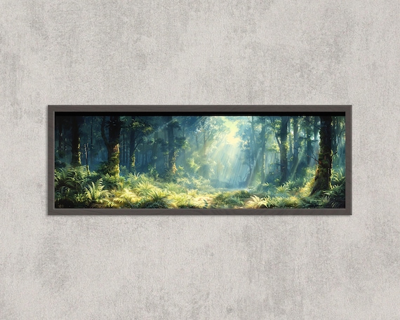 Sunlit Rainforest Sunbeams Ferns Glow Watercolor Panorama Poster