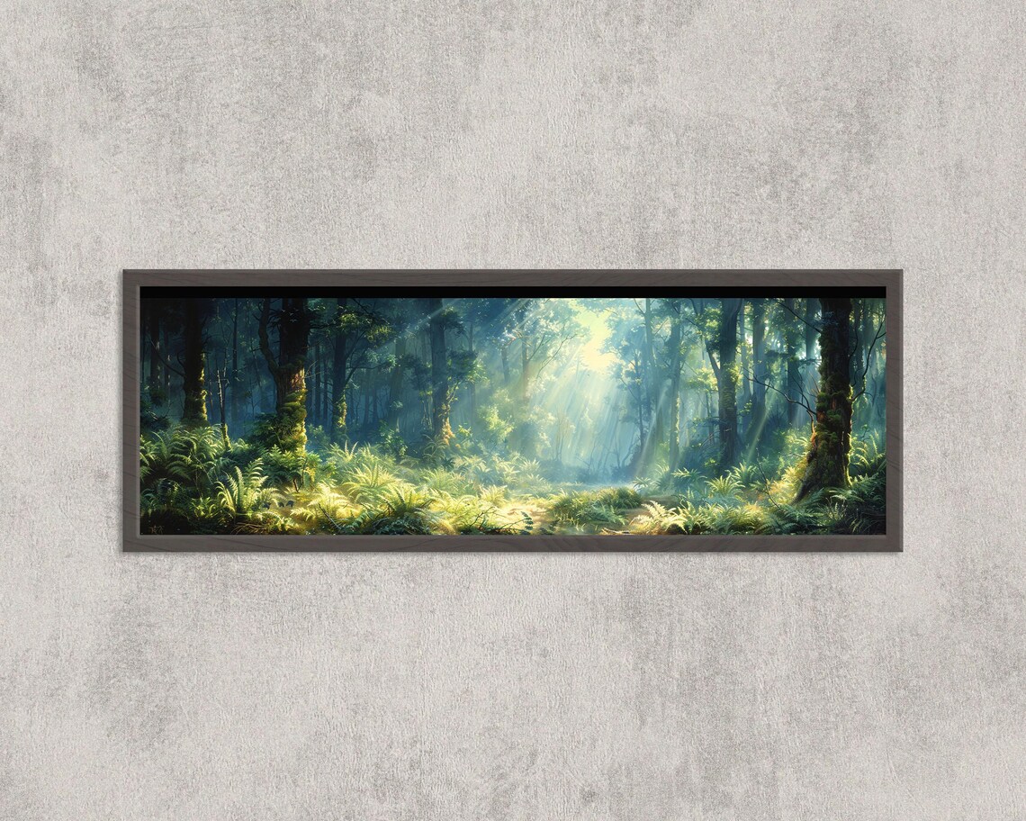 Sunlit Rainforest Sunbeams Ferns Glow Watercolor Panorama Poster