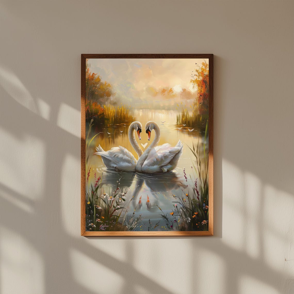 Romantic Two Swans Heart Shape Lake Sunrise Elegant Nature Poster