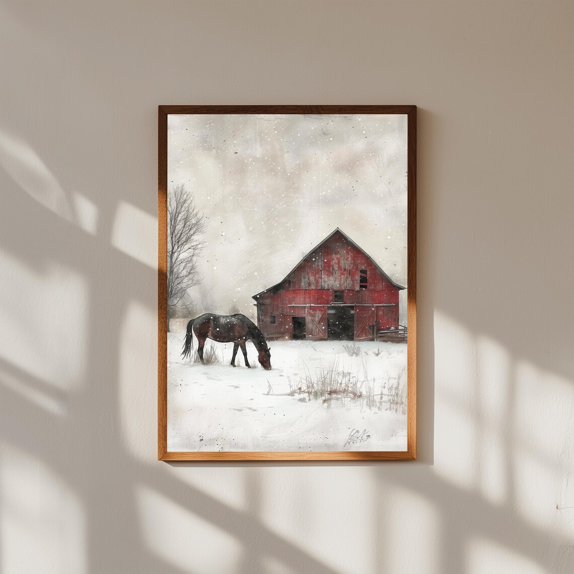 Vintage Winter Horse Red Barn Snowy Farmhouse Rustic Scene Poster