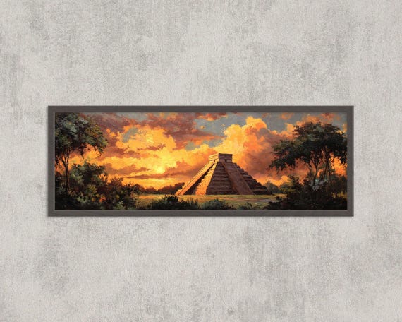 Chichen Itza Sunset Wall Art Ancient Mayan Pyramid Painting Mexico Landscape Oil Print