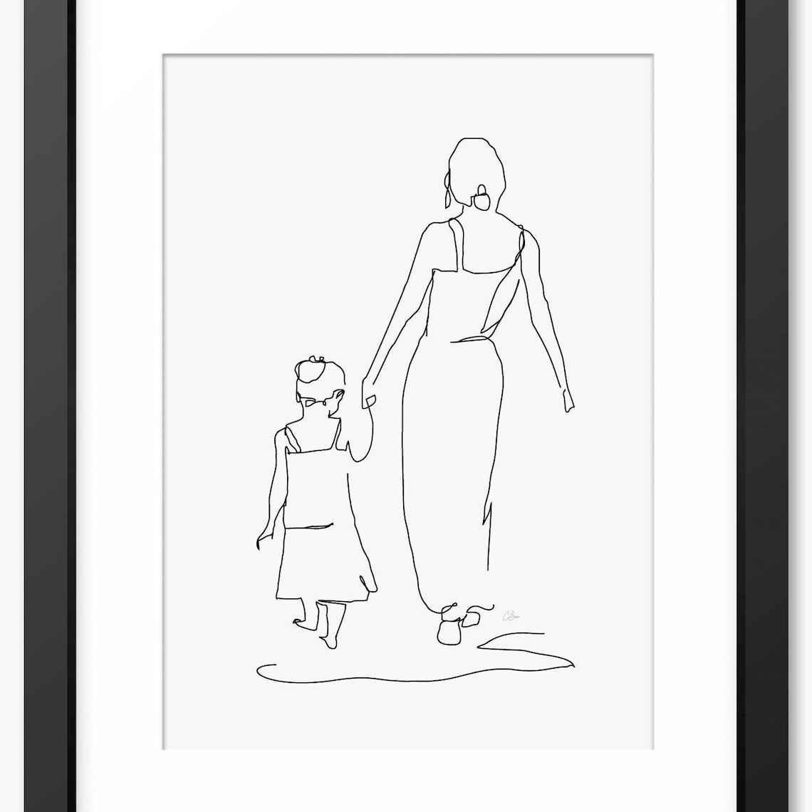 Mother and Daughter Walking Away Hand in Hand Line Art Poster