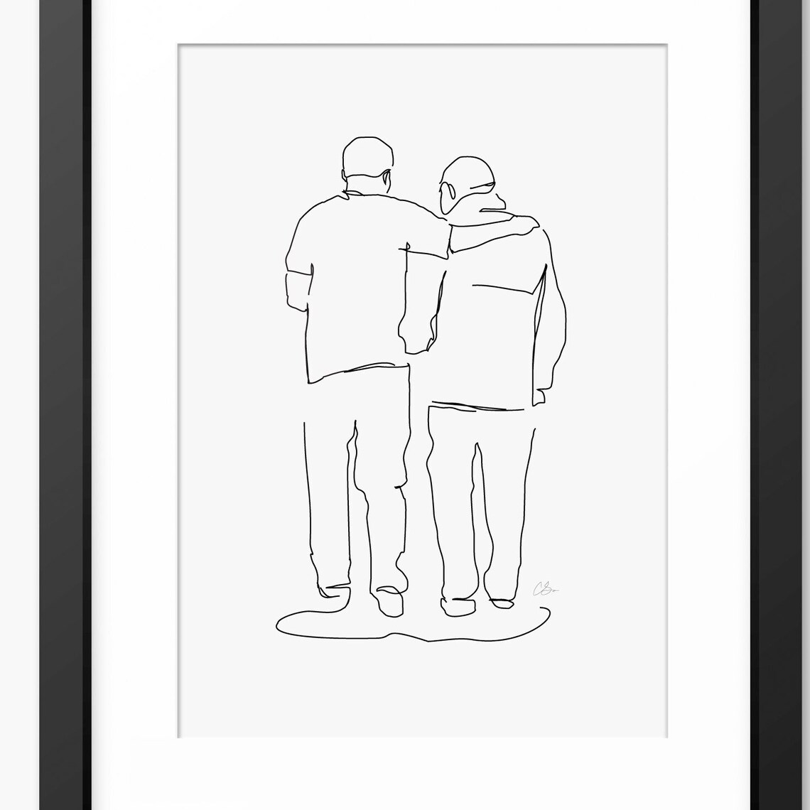 Father and Son Walking Away Arm in Arm Together Line Art Poster