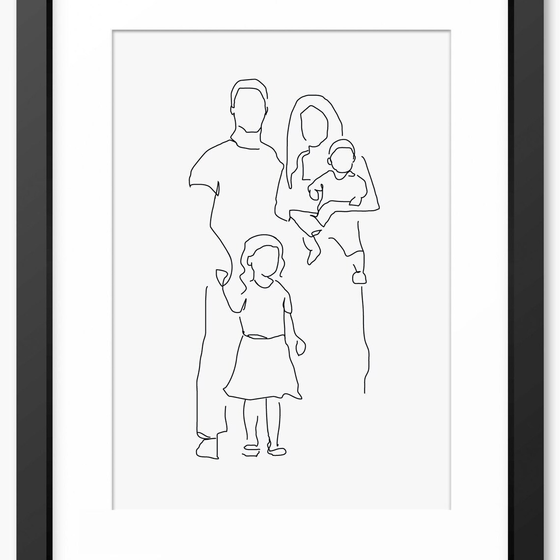 Family Of Four Portrait With Mother Holding Baby Line Art Poster