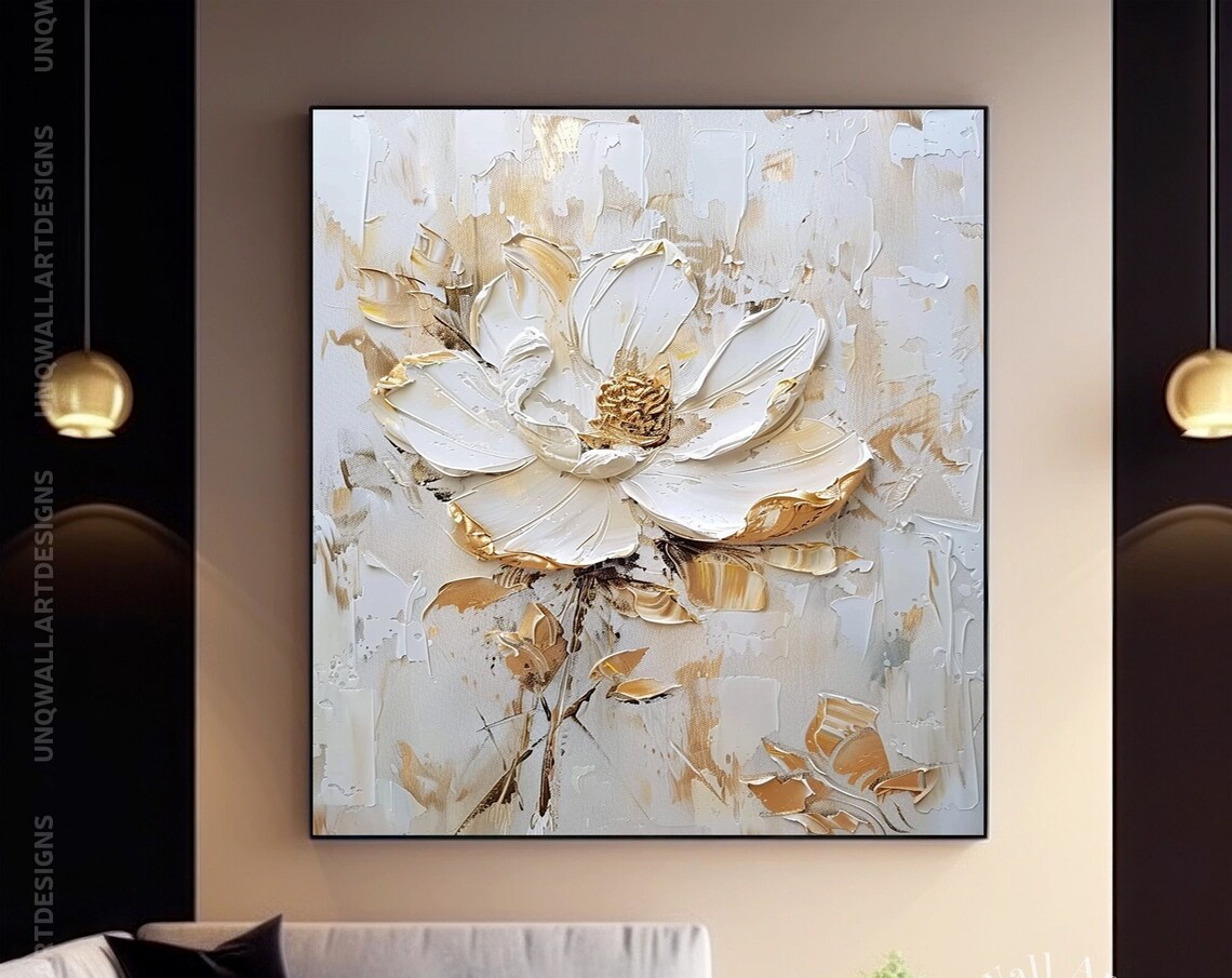 White And Gold Impasto Flower On Pale Grey Modern Floral Art Poster