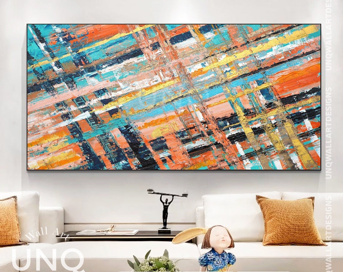 Orange Teal And Navy Diagonal Lines Colorful Modern Boho Art Poster