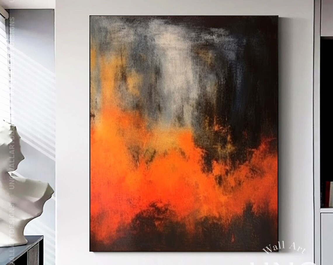 Hand-Painted Orange and Black Abstract Art Print