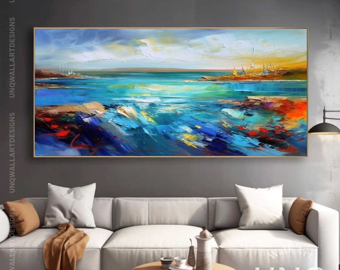 Turquoise Sea And Golden Sky Colorful Modern Coastal Painting Poster