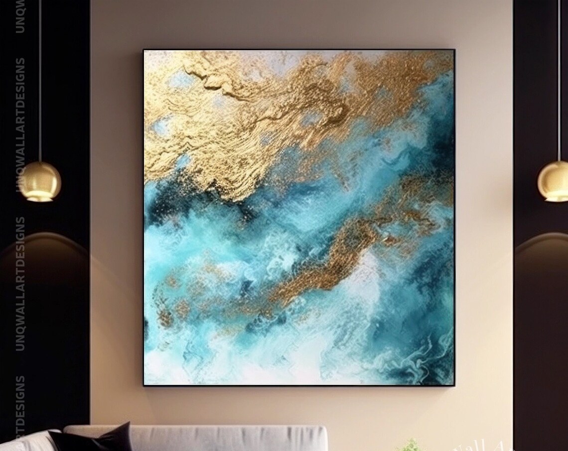 Blue Gold Leaf Ocean Abstract Wall Art Print