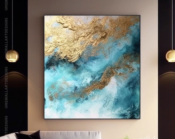 Blue Gold Leaf Ocean Abstract Wall Art Print