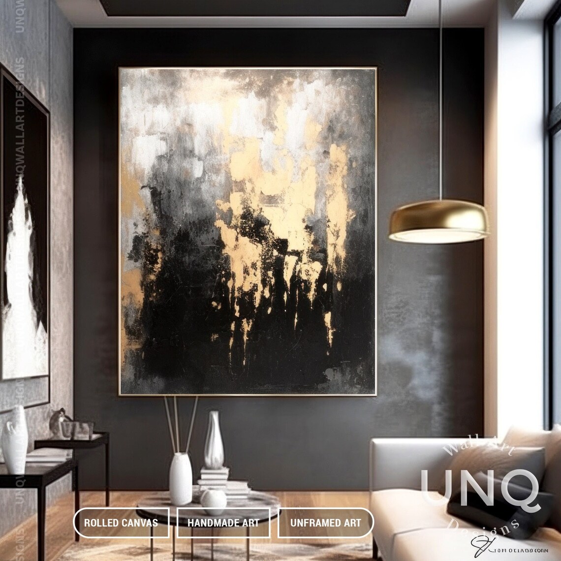 Gold Foil Abstract Art Print, Grey Black Texture