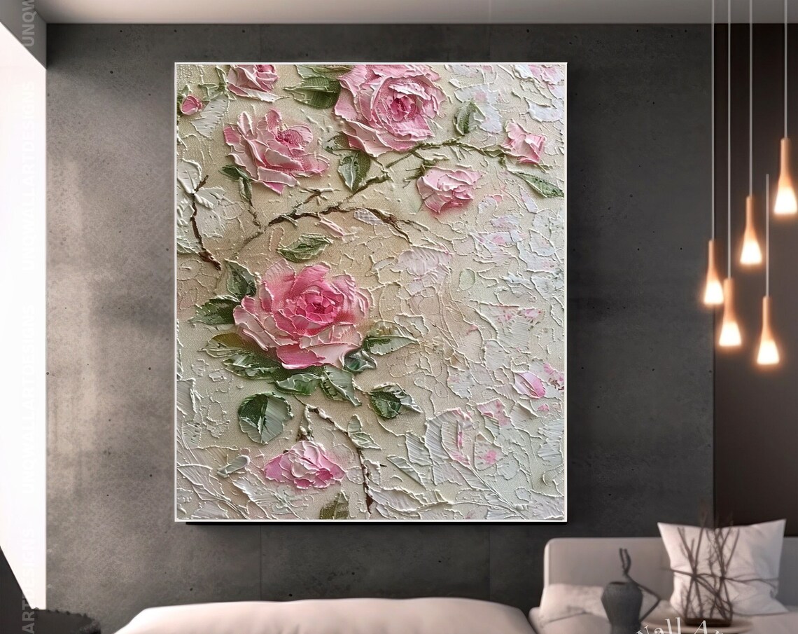 Pink Roses On Cream 3D Textured Embossed Floral Painting Art Poster
