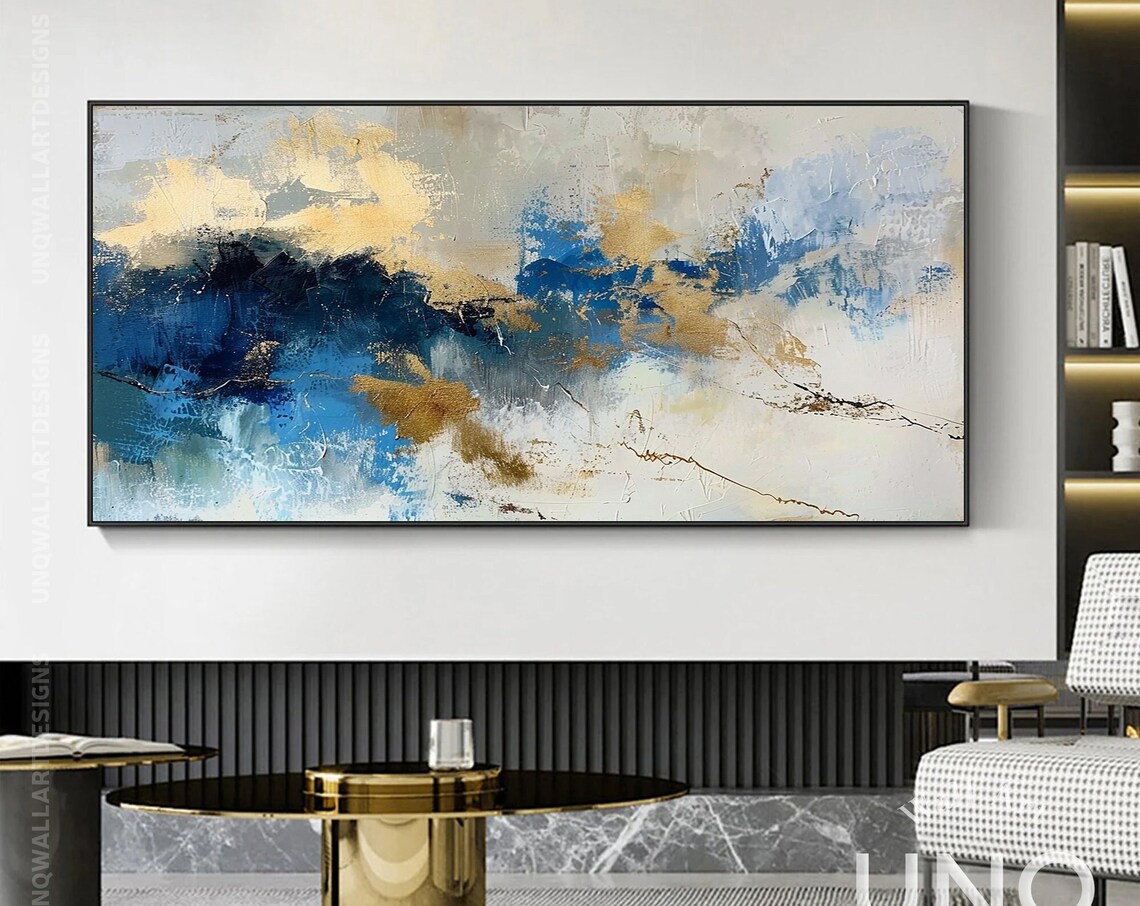 Navy Blue Gold And Cream Waves Modern Luxury Abstract Art Poster