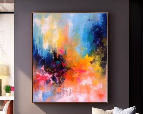 Colourful Blue Orange Abstract Art Extra Large Painting For Bedroom Fancy Wall Art For Modern Decor Bedroom Art Custom Art Gift