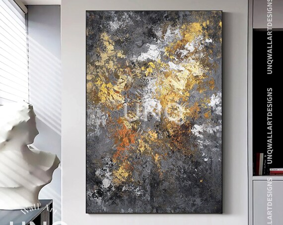 Gold Foil Original Wall Art Abstract Painting Gray Black Gold Original Palette Knife Painting Hand Painted Textured Abstract Wall Decor