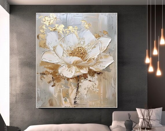 Luxury Golden Flower Wall Art 3d Heavy Floral Painting On Large Bohemian Custom Flower Room Art Trendy Wall Gift For Her