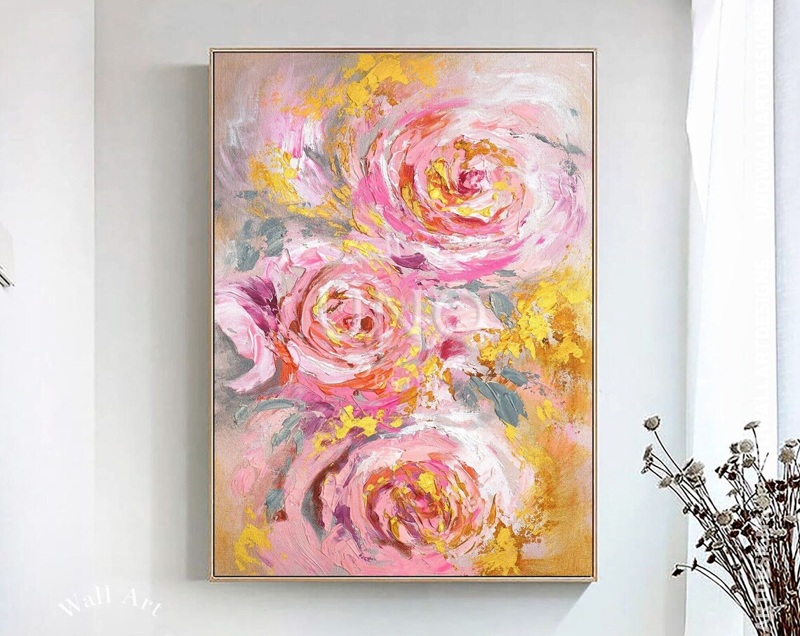 Pink Rose Trio Abstract Oil Painting Gold Floral Romantic Decor Poster