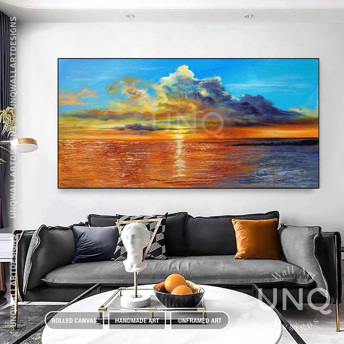 Golden Ocean Sunset Over Sea Dramatic Clouds Impasto Painting Poster