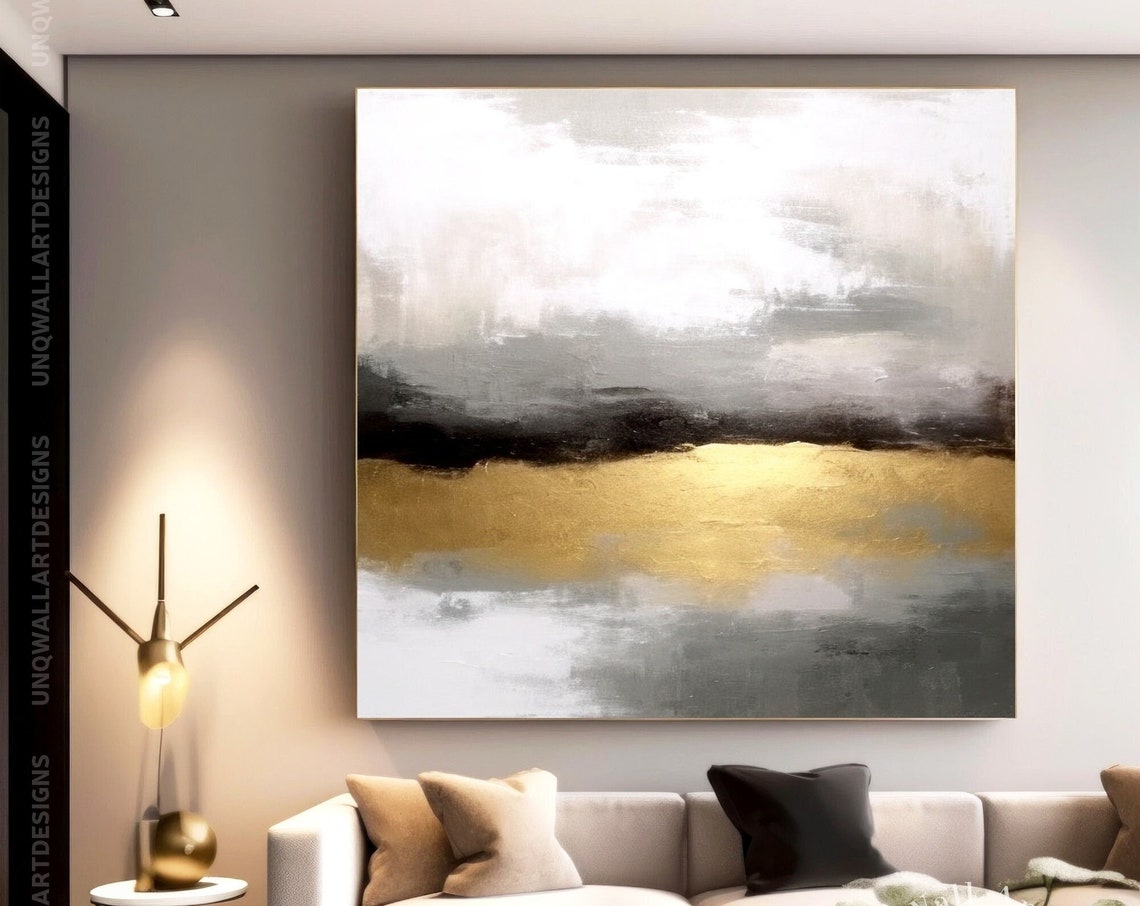 Grey And Gold Abstract Painting Misty Horizon Band Minimalist Poster