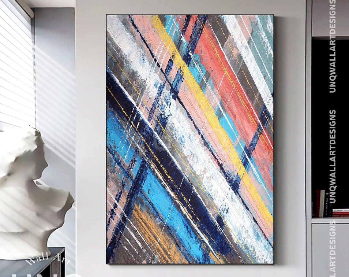 Multicolor Diagonal Stripes Blue Yellow Red Modern Abstract Art Poster