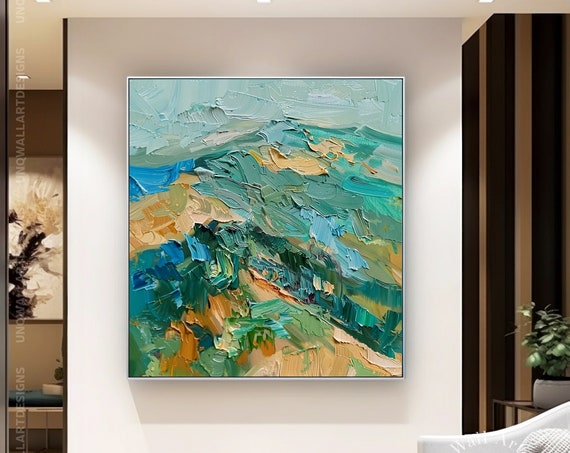 Original Mountain Scenery Painting On Heavy Green Palette Knife Texture Wall Art Unique Stylish Mountain Landscape Wall Decor