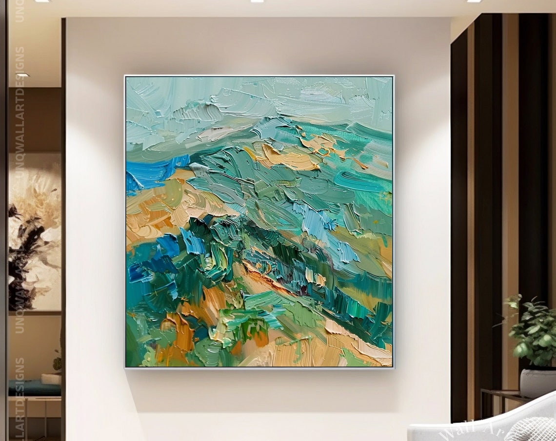 Original Mountain Scenery Painting On Heavy Green Palette Knife Texture Wall Art Unique Stylish Mountain Landscape Wall Decor
