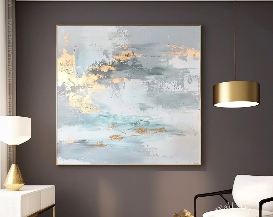 Contemporary Luxury Grey Gold Gift For Wall Extra Large Minimal Fine Decor Idea Oversized Unframed Silver Wall Art Gift For Her
