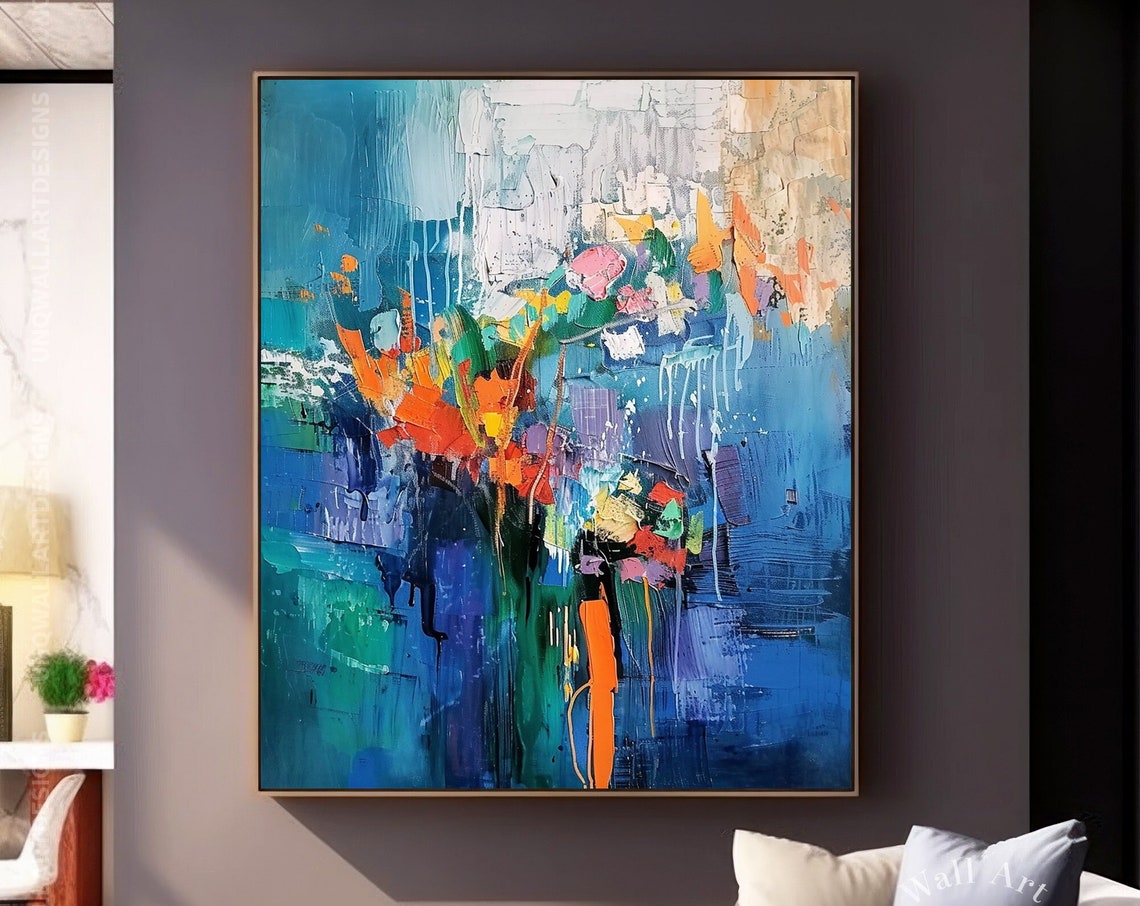 Orange Red Bouquet On Blue Vase Abstract Modern Floral Art Poster