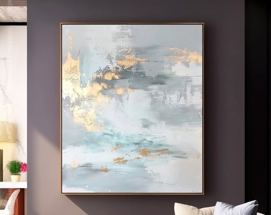 Contemporary Luxury Grey Gold Gift For Wall Extra Large Minimal Fine Decor Idea Oversized Unframed Silver Wall Art Gift For Her - Image 7