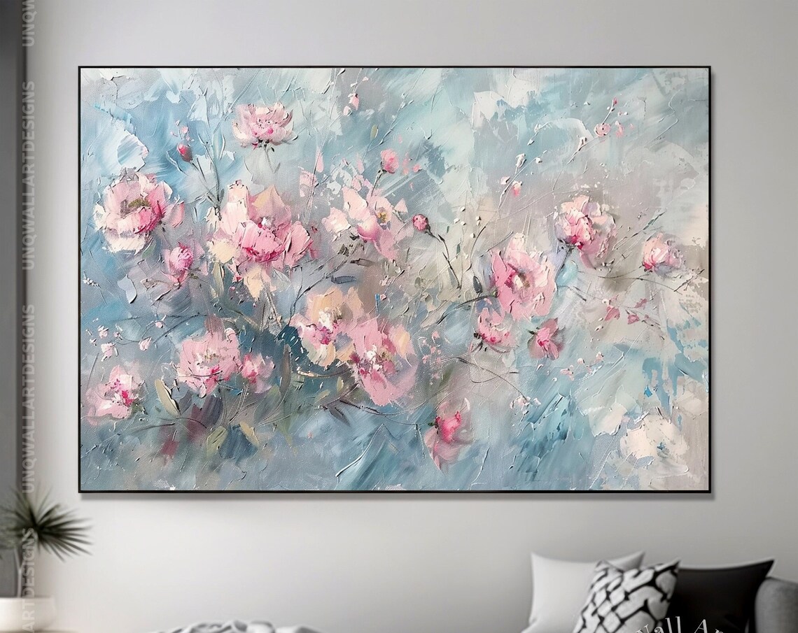 Pink Blossoms On Blue Grey Impressionist Floral Painting Art Poster