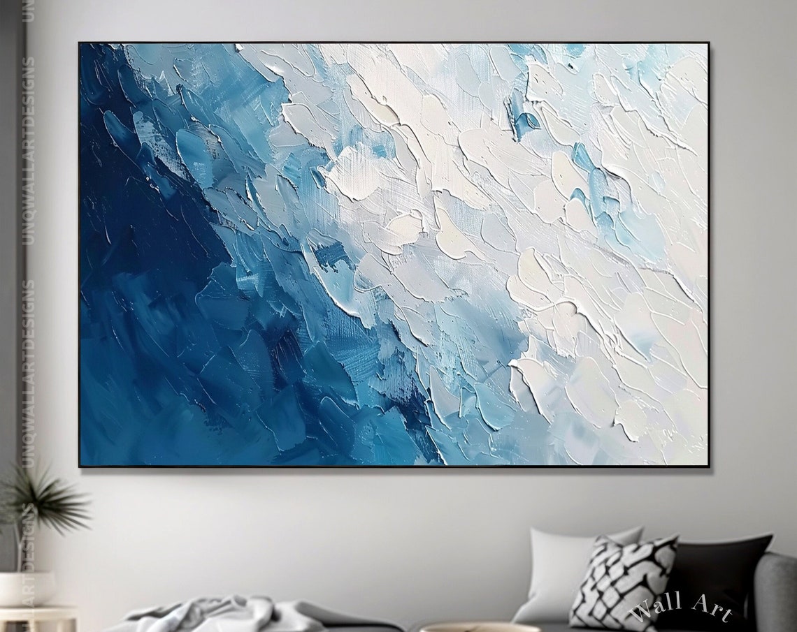 Navy To White Diagonal Waves Heavy Impasto Modern Abstract Poster