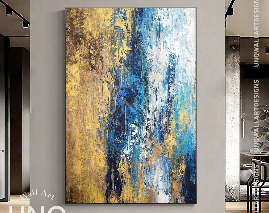 Navy Blue And Gold Vertical Heavy Texture Modern Abstract Art Poster