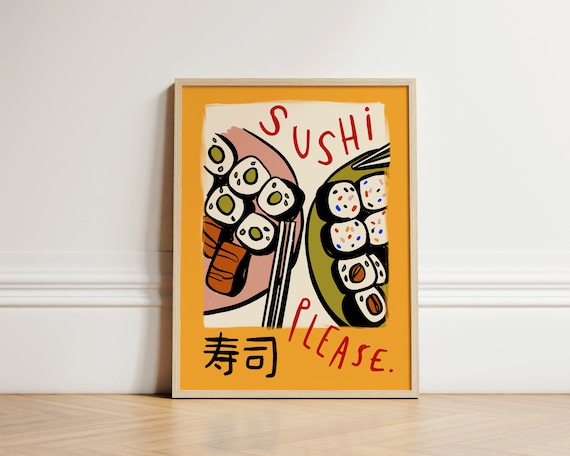 Sushi Please Hand Drawn Japanese Maki Roll Kitchen Art Poster