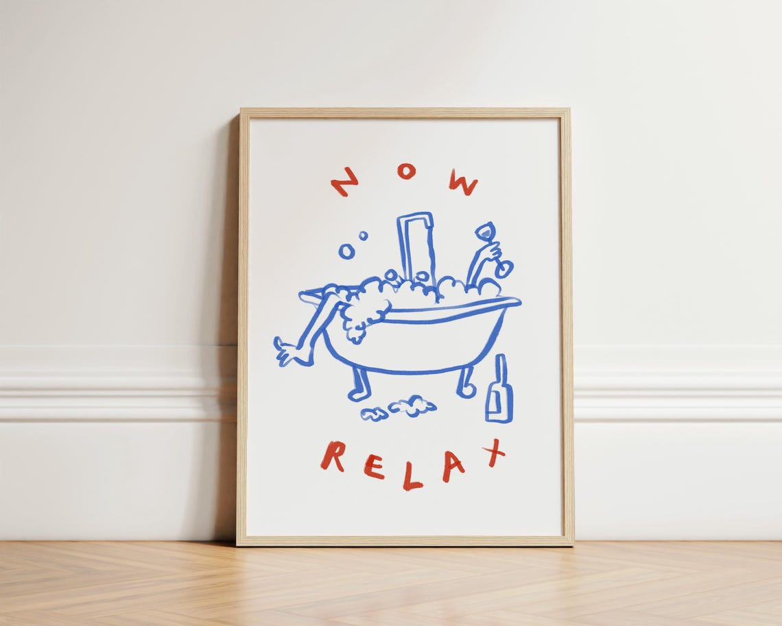 Trendy Now Relax Bubble Bath Hand Drawn Blue Line Art Poster