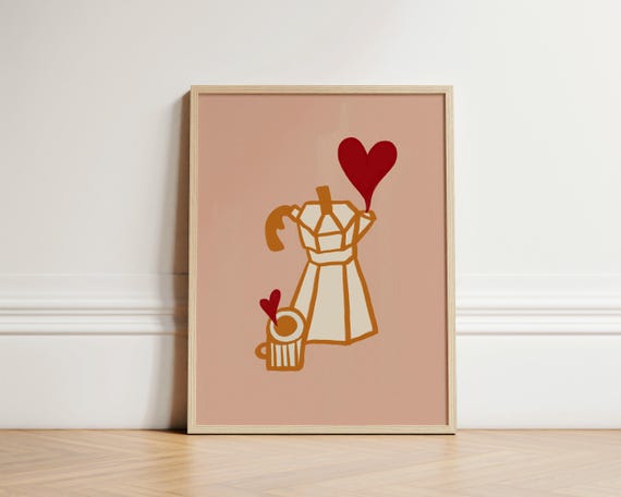 Moka Love Pot Print Coffee Poster Illustration Kitchen Wall Art Cafe Trendy Unframed